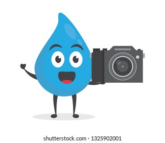 vector illustration character cartoon flat design brand of cute water blue mascot holding camera slr in white background