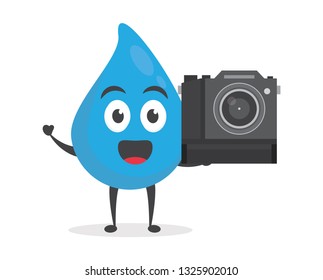 vector illustration character cartoon flat design brand of cute water blue mascot holding camera slr in white background