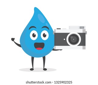 vector illustration character cartoon flat design brand of cute water blue mascot holding camera mirrorless in white background