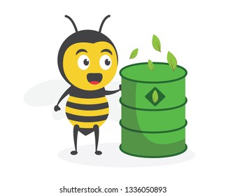 vector illustration character cartoon flat design cute honey yellow bee mascot holding eco green drum with leaf icon in white background