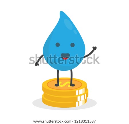 vector illustration character cartoon flat design brand of cute water drop blue mascot standing golden dollar coin in white background