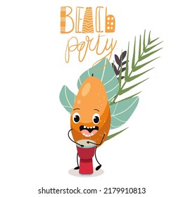 Vector illustration character, cartoon funny papaya, on a background of leaves, plays the ethnic drum, lettering "Beach Party". Summer mood, funny fruits, organic. child concept.
