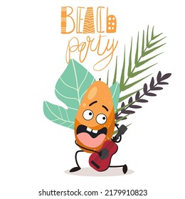Vector illustration character, cartoon funny papaya, plays ukulele, guitar and sings, lettering "Beach Party". Summer mood, funny fruits, organic, childish concept.