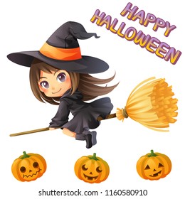 Vector illustration of a character cartoon little witch with pumpkin and font