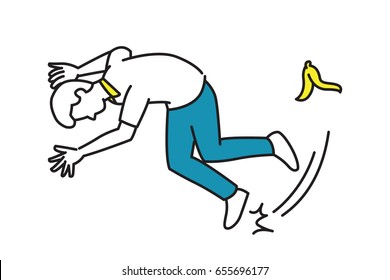 Vector illustration character cartoon of man stepped on banana peel as unlucky accident concept. Line, draw, doodle, sketch, design.