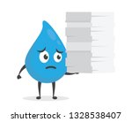 vector illustration character cartoon modern flat design brand of cute water blue mascot sad stress holding pile of paper with trolley market shopping cart in white background