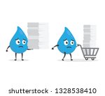 vector illustration character cartoon modern flat design brand of cute water blue mascot sad stress holding pile of paper with trolley market shopping cart in white background