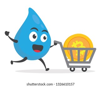 vector illustration character cartoon modern flat design brand of cute water blue mascot holding trolley market shopping cart with bitcoin golden coin icon in white background