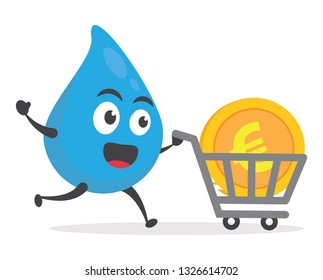 vector illustration character cartoon modern flat design brand of cute water blue mascot holding trolley market shopping cart with golden coin euro in white background