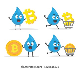 vector illustration character cartoon modern flat design brand of cute water blue mascot holding trolley market shopping cart with bitcoin golden coin icon in white background