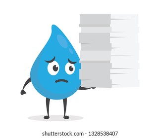 vector illustration character cartoon modern flat design brand of cute water blue mascot sad stress holding pile of paper with trolley market shopping cart in white background
