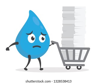 vector illustration character cartoon modern flat design brand of cute water blue mascot sad stress holding pile of paper with trolley market shopping cart in white background