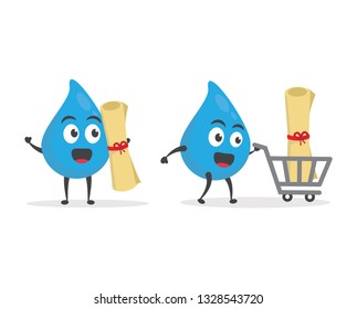 vector illustration character cartoon modern flat design brand of cute water blue mascot holding paper roll award with trolley market shopping cart in white background