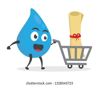 vector illustration character cartoon modern flat design brand of cute water blue mascot holding paper roll award with trolley market shopping cart in white background