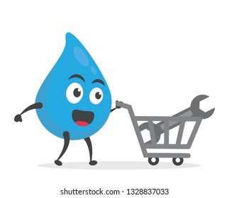 vector illustration character cartoon modern flat design brand of cute water blue mascot holding trolley market shopping cart with wrench for repair in white background