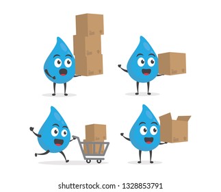 vector illustration character cartoon modern flat design brand of cute water blue mascot holding carboard boxe for delivery packages with trolley market shopping cart in white background