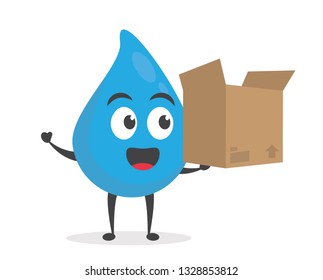 vector illustration character cartoon modern flat design brand of cute water blue mascot holding carboard boxe for delivery packages with trolley market shopping cart in white background