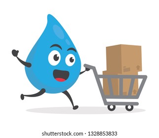 vector illustration character cartoon modern flat design brand of cute water blue mascot holding carboard boxe for delivery packages with trolley market shopping cart in white background