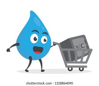 vector illustration character cartoon modern flat design brand of cute water blue mascot holding safe deposit box for money with trolley market shopping cart in white background