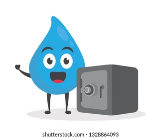 vector illustration character cartoon modern flat design brand of cute water blue mascot holding safe deposit box for money with trolley market shopping cart in white background