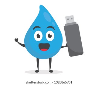 vector illustration character cartoon modern flat design brand of cute water blue mascot holding usb flash drive memory with trolley market shopping cart in white background