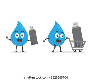 vector illustration character cartoon modern flat design brand of cute water blue mascot holding usb flash drive memory with trolley market shopping cart in white background