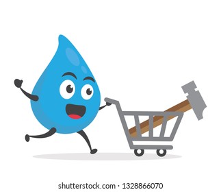 vector illustration character cartoon modern flat design brand of cute water blue mascot holding hammer for repair with trolley market shopping cart in white background