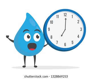 vector illustration character cartoon modern flat design brand of cute water blue mascot holding alarm clock watch for information wake up with trolley market shopping cart in white background