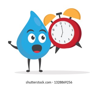 vector illustration character cartoon modern flat design brand of cute water blue mascot holding alarm clock watch for information wake up with trolley market shopping cart in white background