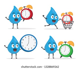 vector illustration character cartoon modern flat design brand of cute water blue mascot holding alarm clock watch for information wake up with trolley market shopping cart in white background