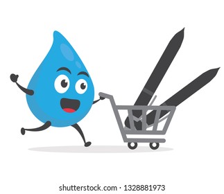 vector illustration character cartoon modern flat design brand of cute water blue mascot holding pen and pencil with trolley market shopping cart  in white background