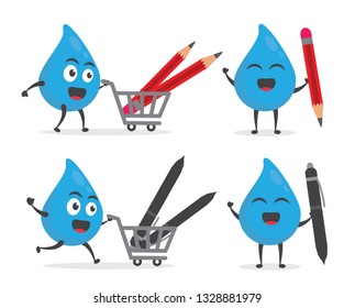 vector illustration character cartoon modern flat design brand of cute water blue mascot holding pen and pencil with trolley market shopping cart  in white background