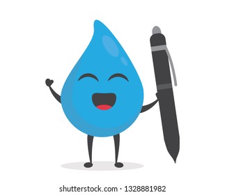 vector illustration character cartoon modern flat design brand of cute water blue mascot holding pen and pencil with trolley market shopping cart  in white background
