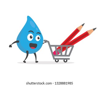 vector illustration character cartoon modern flat design brand of cute water blue mascot holding pen and pencil with trolley market shopping cart  in white background