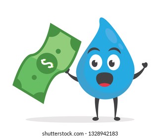 vector illustration character cartoon modern flat design brand of cute water blue mascot holding money coin golden and sheet green money with trolley market shopping cart in white background