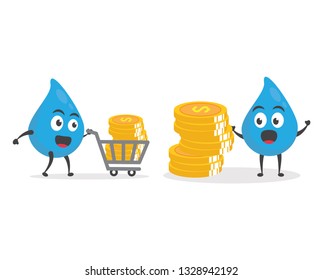 vector illustration character cartoon modern flat design brand of cute water blue mascot holding money coin golden and sheet green money with trolley market shopping cart in white background