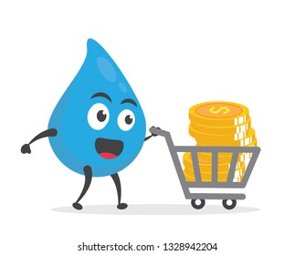 vector illustration character cartoon modern flat design brand of cute water blue mascot holding money coin golden and sheet green money with trolley market shopping cart in white background