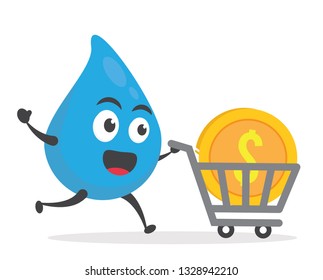 vector illustration character cartoon modern flat design brand of cute water blue mascot holding money coin golden and sheet green money with trolley market shopping cart in white background