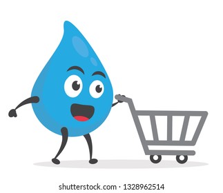 vector illustration character cartoon modern flat design brand of cute water blue mascot holding empty market shopping cart in white background