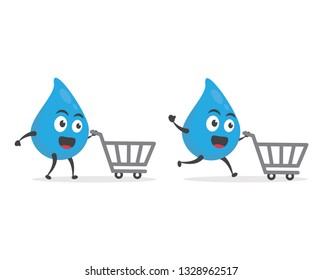 vector illustration character cartoon modern flat design brand of cute water blue mascot holding empty market shopping cart in white background