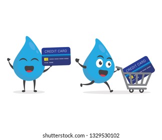 vector illustration character cartoon modern flat design of cute water blue mascot holding atm credit card with trolley market shopping cart in white background