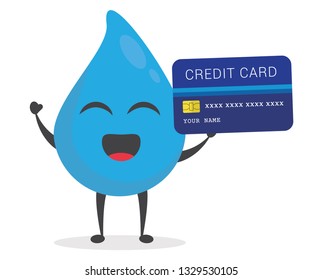 vector illustration character cartoon modern flat design  of cute water blue mascot holding atm credit card with trolley market shopping cart in white background