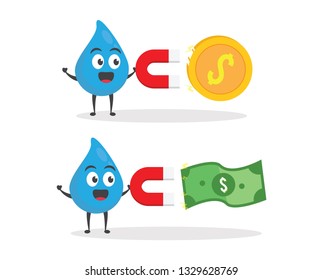 vector illustration character cartoon modern flat design of cute water blue mascot holding magnet attract sheet profit money bag, golden dollar coin in white background