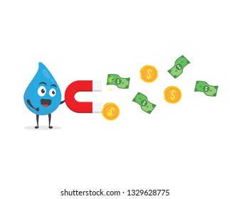 vector illustration character cartoon modern flat design of cute water blue mascot holding magnet attract sheet profit money bag, golden dollar coin in white background