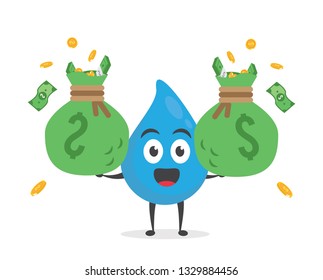 vector illustration character cartoon modern flat design of cute water blue mascot holding money bag, coin golden and sheet green money with trolley market shopping cart in white background