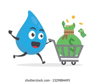 vector illustration character cartoon modern flat design of cute water blue mascot holding money bag, coin golden and sheet green money with trolley market shopping cart in white background