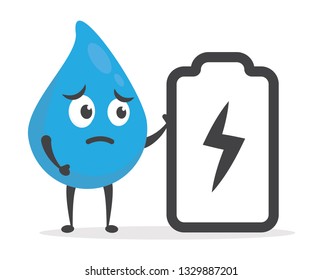 vector illustration character cartoon modern flat design of cute water blue mascot holding battery charge level indicators, discharged and fully charged battery charging smartphone icon in