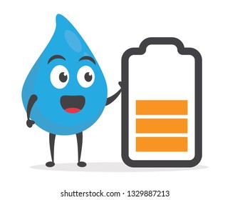vector illustration character cartoon modern flat design of cute water blue mascot holding battery charge level indicators, discharged and fully charged battery charging smartphone icon in