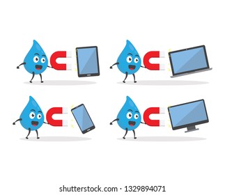 vector illustration character cartoon modern flat design of cute water blue mascot holding magnet attract smartphone, mobile tablet, pc computer monitor and laptop in white background