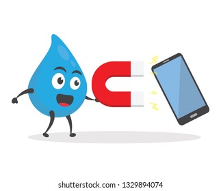 vector illustration character cartoon modern flat design of cute water blue mascot holding magnet attract smartphone, mobile tablet, pc computer monitor and laptop in white background